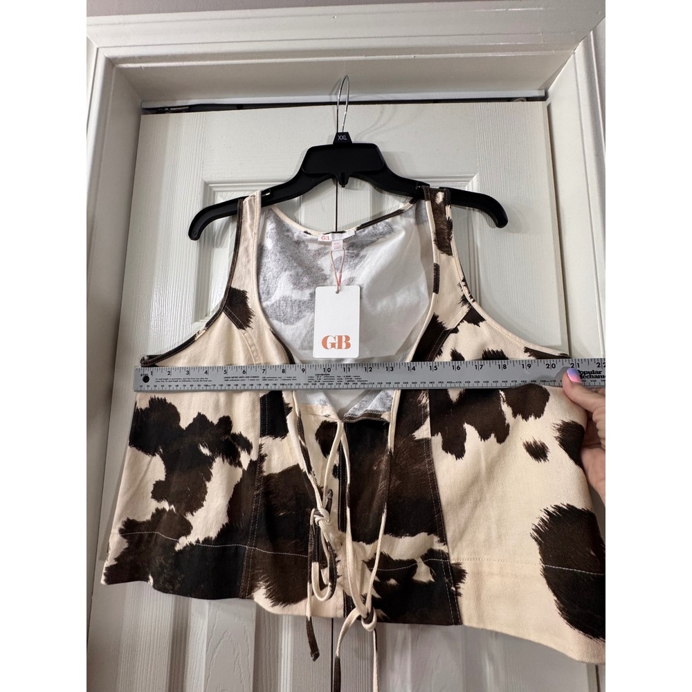 GB Gianni Bini Cow Print Lace Up Crop Top Brown Cream Sleeveless XXL NWT - Picture 2 of 5